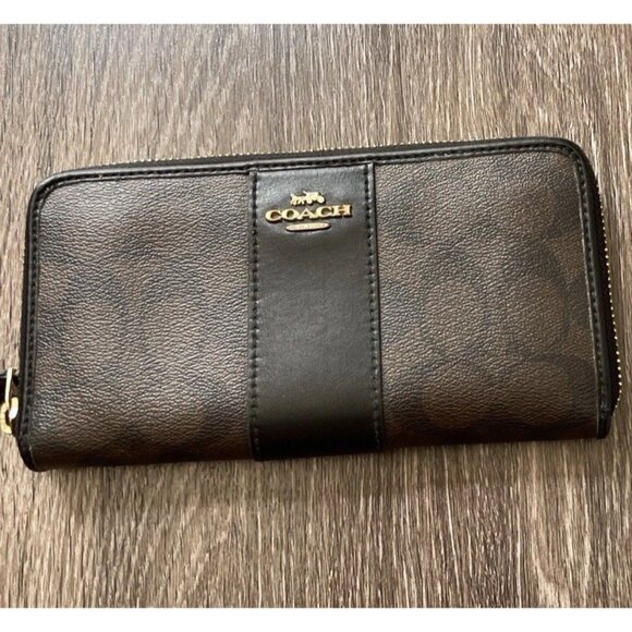 Coach Long Zip Around Wallet In Signature Canvas Brown Black Gold Tone Hardware - Picture 2 of 16
